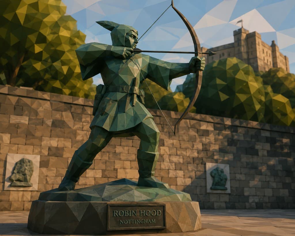Stylized geometric render of the iconic Robin Hood statue outside Nottingham Castle, Nottinghamshire
